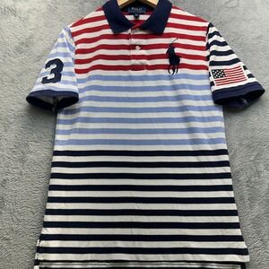 Polo Ralph Lauren Boys L 14-16 Striped Polo Shirt USA Flag Big Pony Red Blue